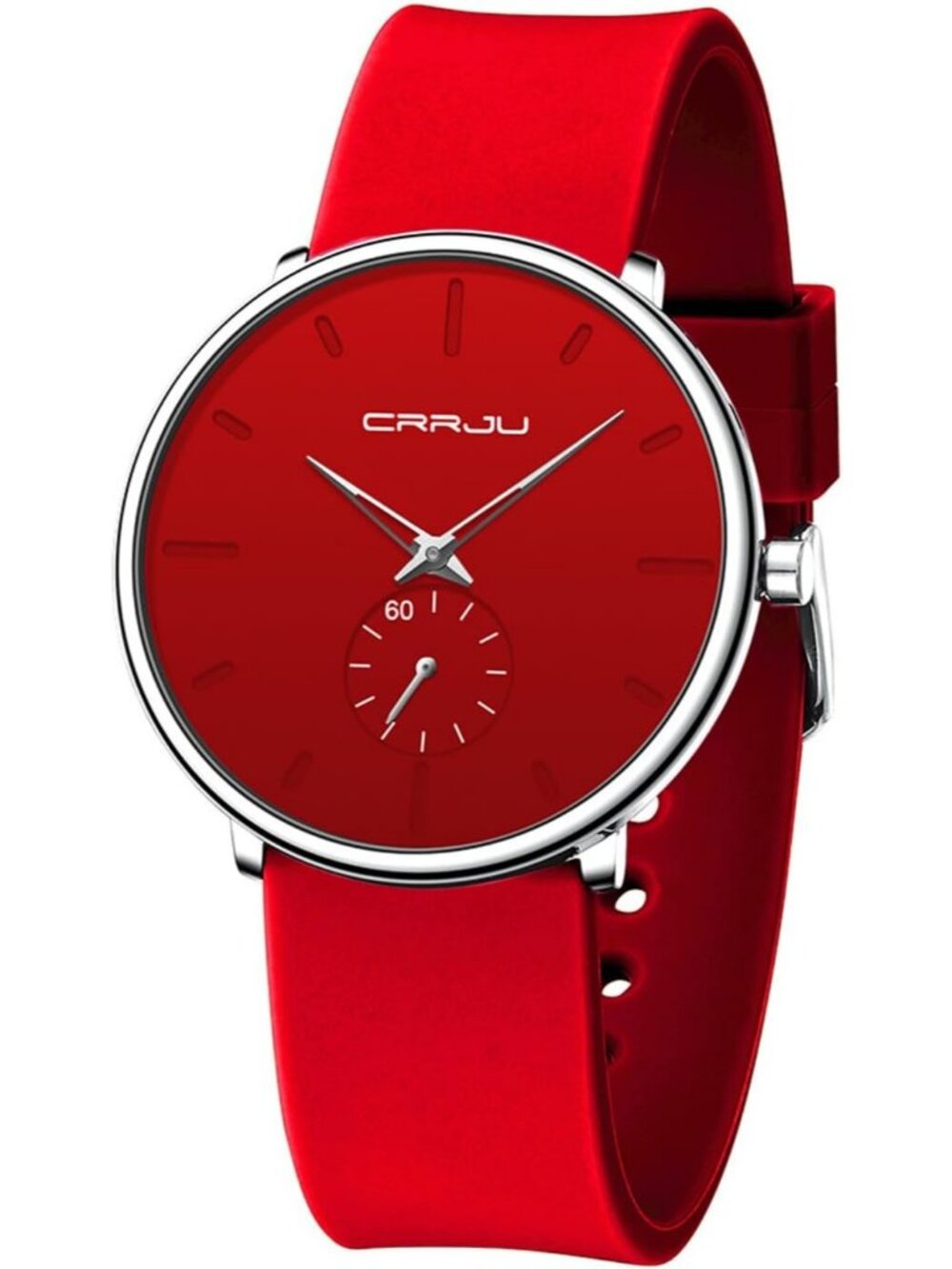 Crrju Men's Red Stylish Waterproof Quartz Unisex Ultra Silicone Band Round Watch
